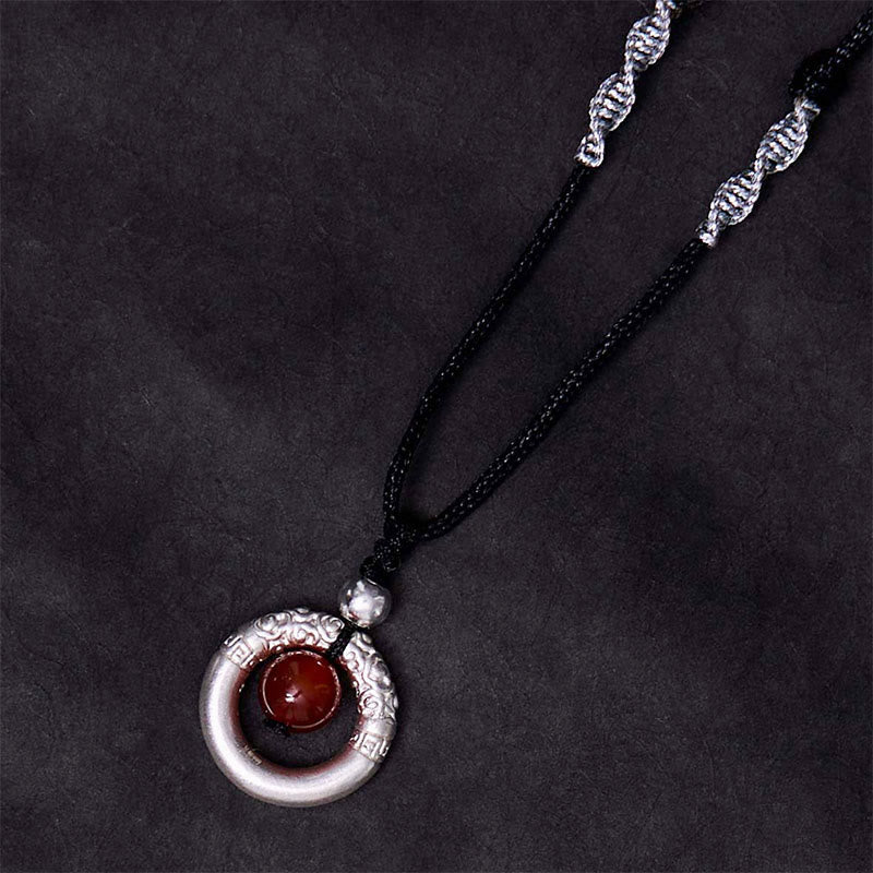 999 Sterling Silver Red Agate Peace Buckle Necklace for Protection
