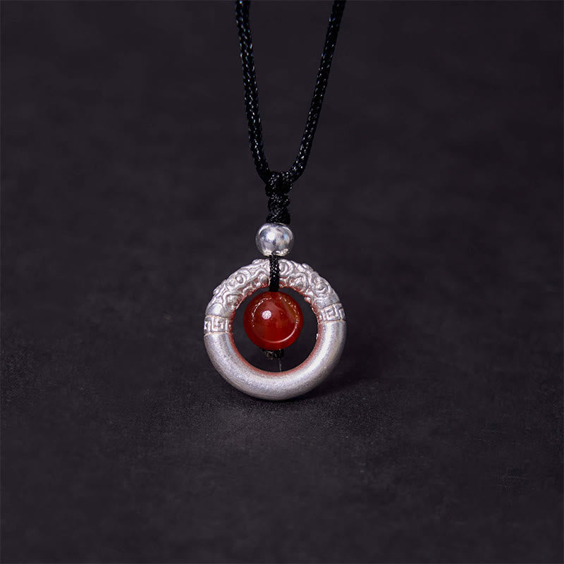 999 Sterling Silver Red Agate Peace Buckle Necklace for Protection