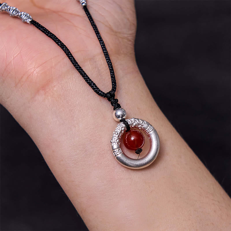 999 Sterling Silver Red Agate Peace Buckle Necklace for Protection