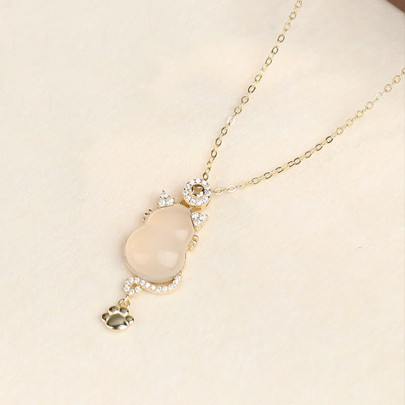 White Jade Gourd Cat Protection Necklace Pendant