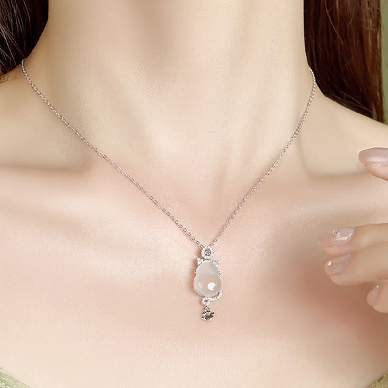 White Jade Gourd Cat Protection Necklace Pendant