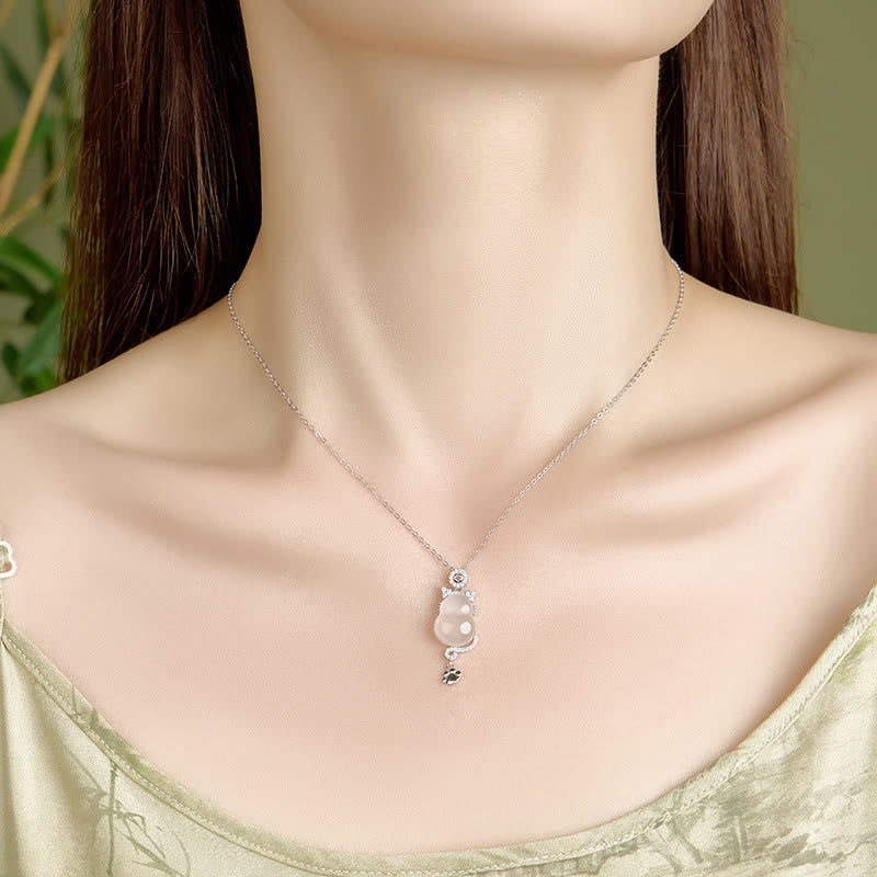 White Jade Gourd Cat Protection Necklace Pendant