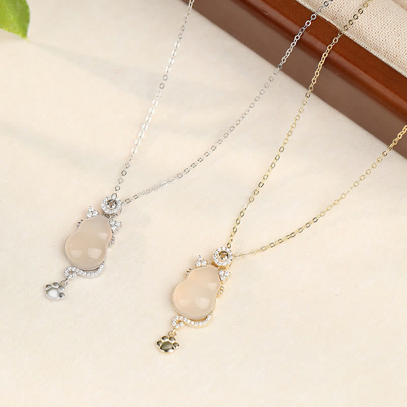 White Jade Gourd Cat Protection Necklace Pendant