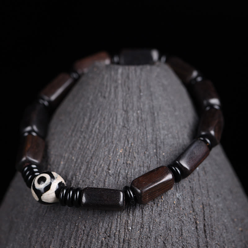 Ebony Wood Dzi Bead Balance Bracelet for Grounding Peace