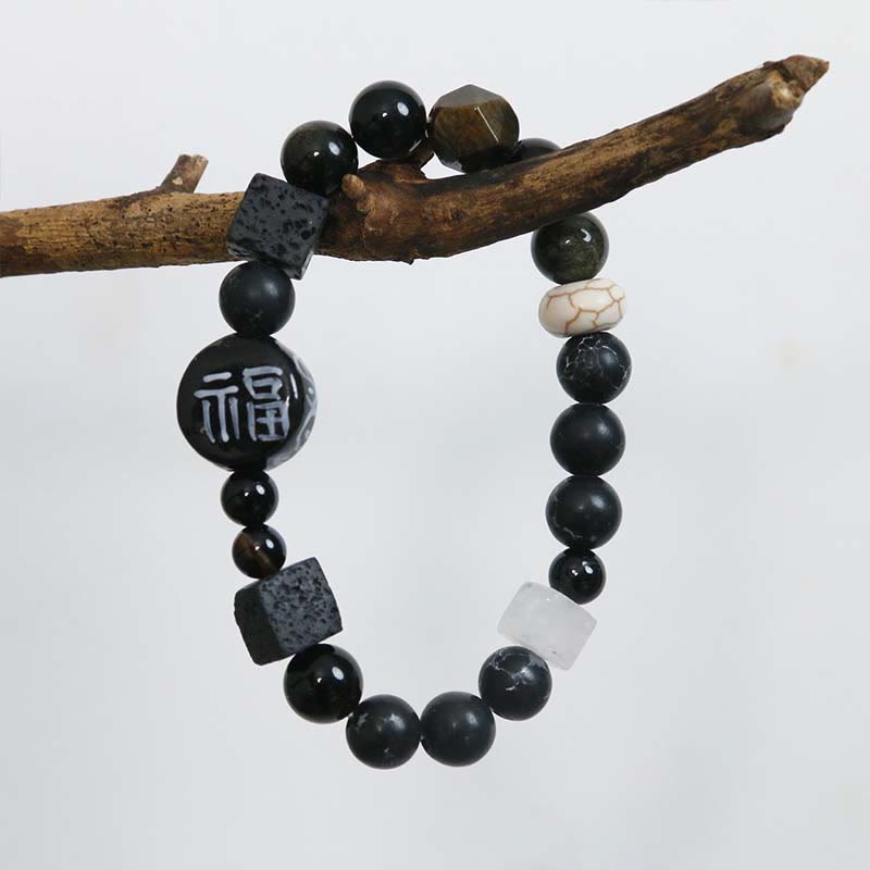 8mm Black Onyx Agate Bracelet with Fu Fortune Symbol