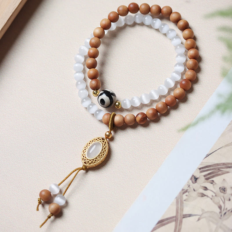 8mm Sandalwood Cat's Eye Three-Eyed Dzi Protection Bracelet