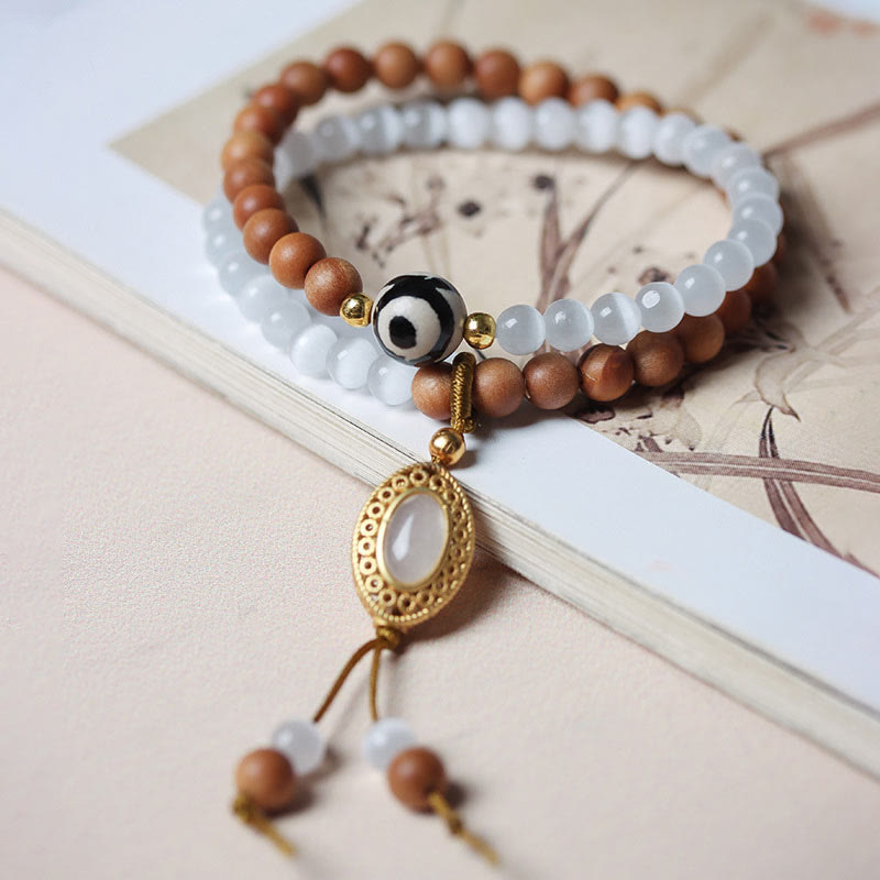 8mm Sandalwood Cat's Eye Three-Eyed Dzi Protection Bracelet