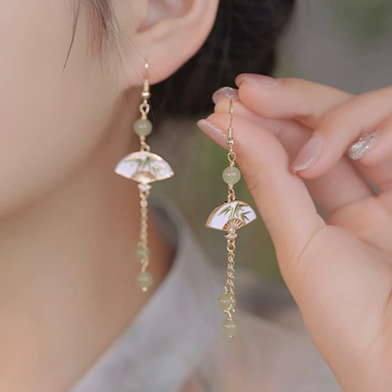 14K Gold Filled Copper Jade Fan Bamboo Earrings for Abundance