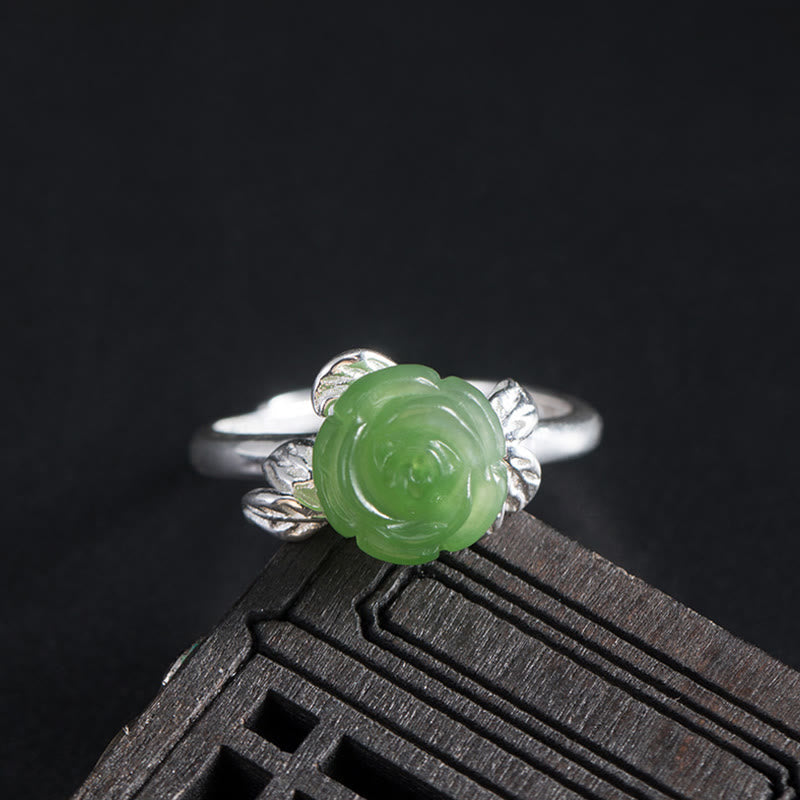 Adjustable Green Jade Rose Ring in 925 Sterling Silver for Luck