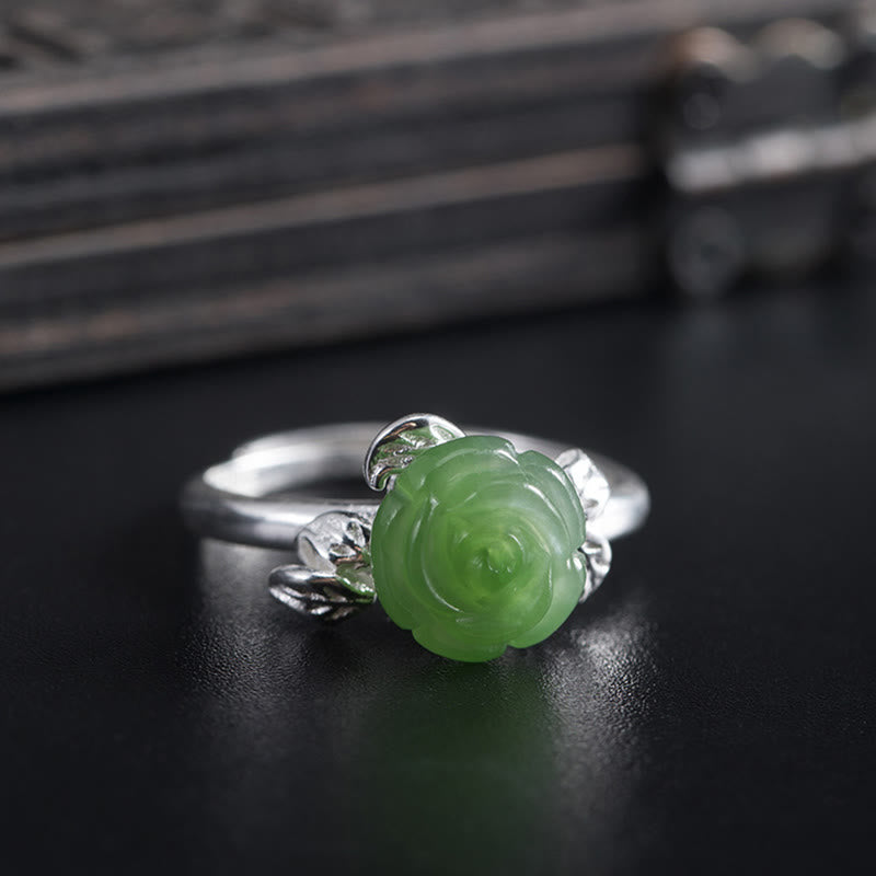 Adjustable Green Jade Rose Ring in 925 Sterling Silver for Luck