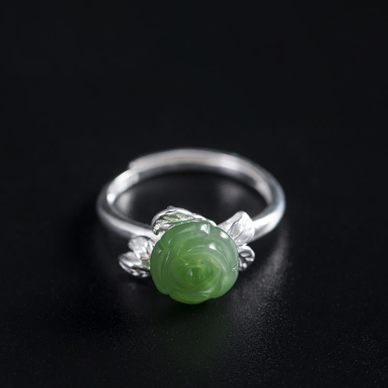 Adjustable Green Jade Rose Ring in 925 Sterling Silver for Luck