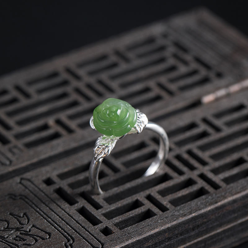 Adjustable Green Jade Rose Ring in 925 Sterling Silver for Luck