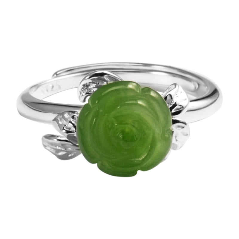 Adjustable Green Jade Rose Ring in 925 Sterling Silver for Luck