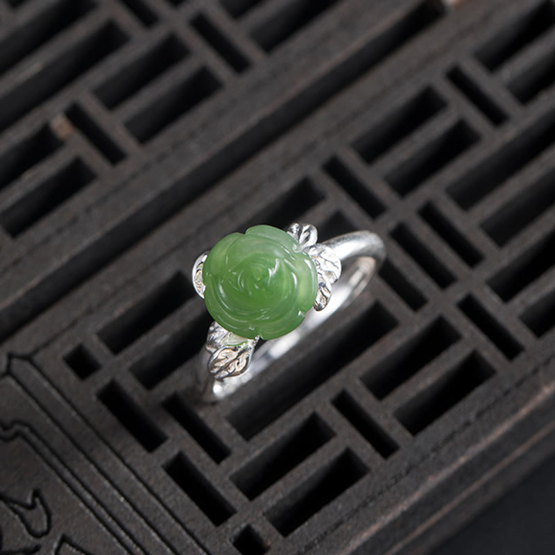 Adjustable Green Jade Rose Ring in 925 Sterling Silver for Luck