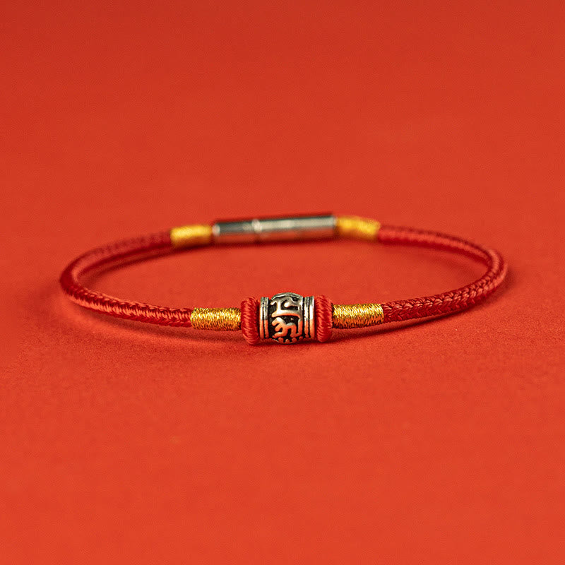 Om Mani Padme Hum Peace Bracelet | Red & Black String Silver