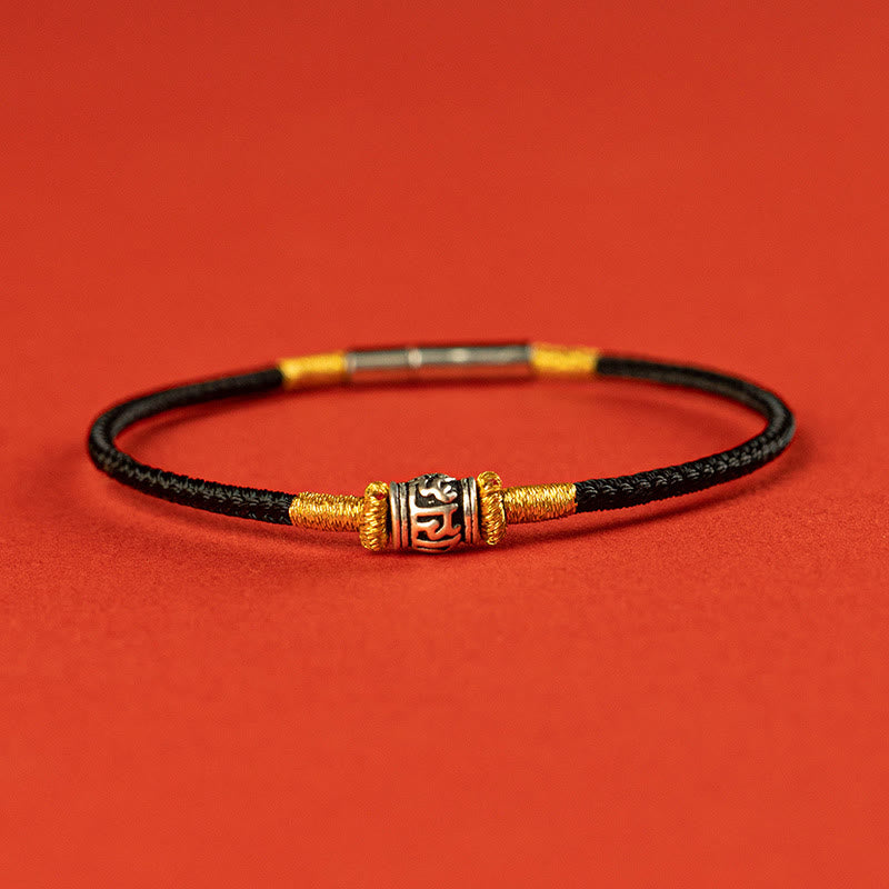 Om Mani Padme Hum Peace Bracelet | Red & Black String Silver