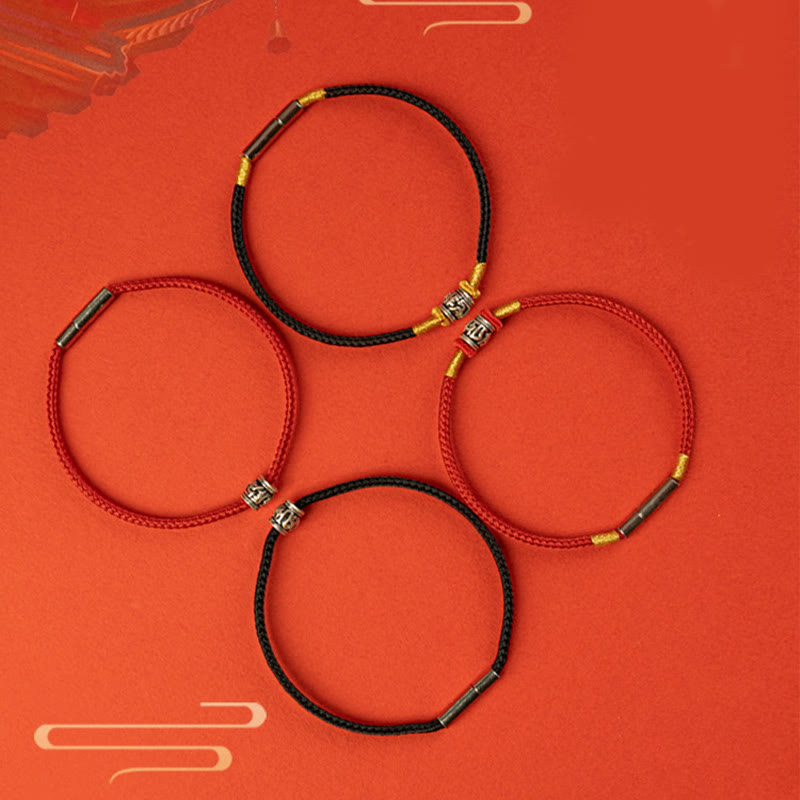 Om Mani Padme Hum Peace Bracelet | Red & Black String Silver