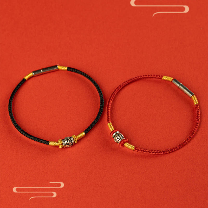 Om Mani Padme Hum Peace Bracelet | Red & Black String Silver