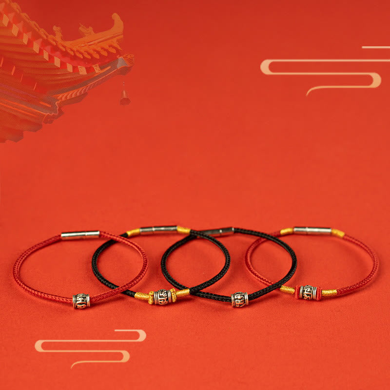 Om Mani Padme Hum Peace Bracelet | Red & Black String Silver