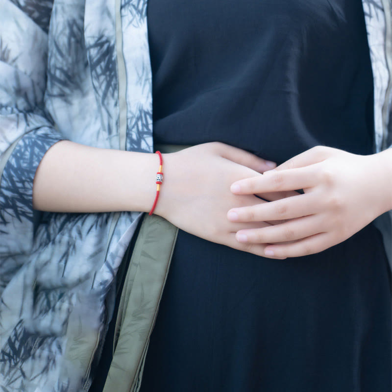 Om Mani Padme Hum Peace Bracelet | Red & Black String Silver