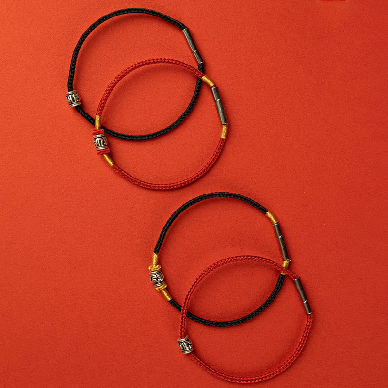 Om Mani Padme Hum Peace Bracelet | Red & Black String Silver