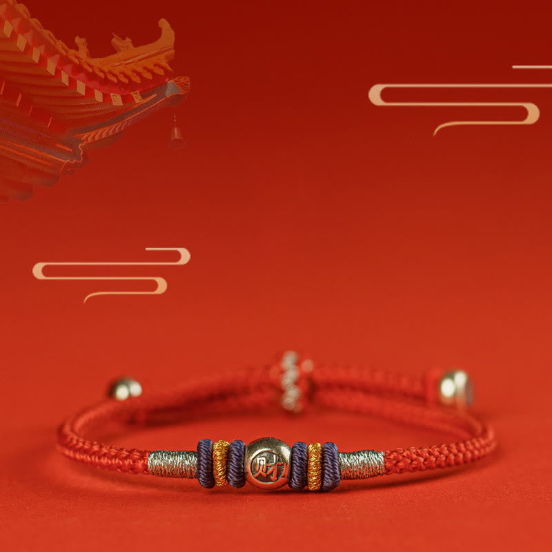 Sterling Silver Red String Protection Bracelet with Chinese Characters