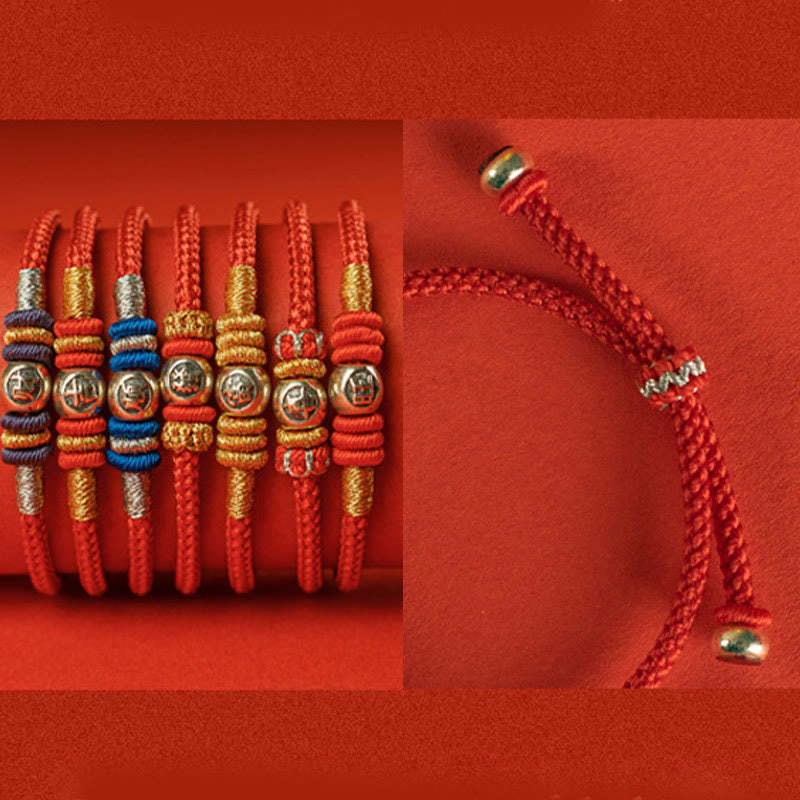 Sterling Silver Red String Protection Bracelet with Chinese Characters
