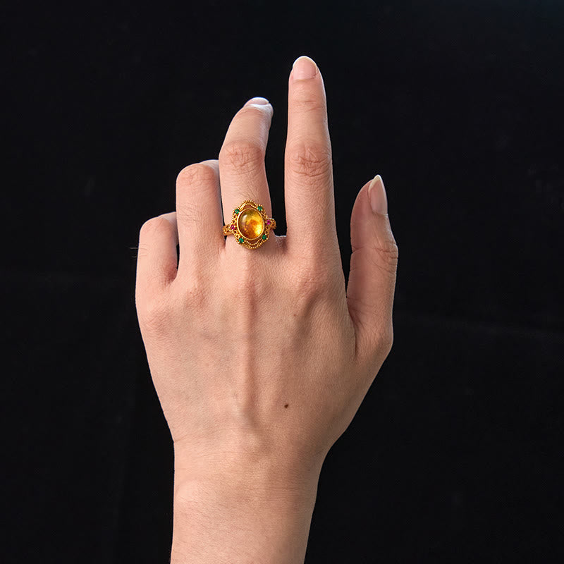 Adjustable Flower Amber Ring for Confidence and Inner Strength