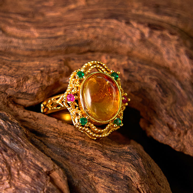 Adjustable Flower Amber Ring for Confidence and Inner Strength