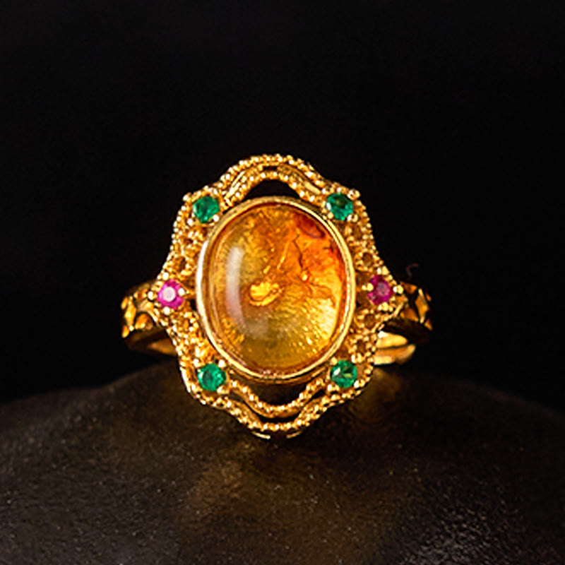 Adjustable Flower Amber Ring for Confidence and Inner Strength