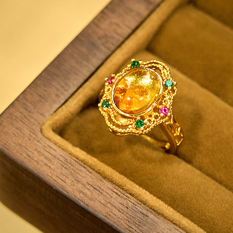 Adjustable Flower Amber Ring for Confidence and Inner Strength