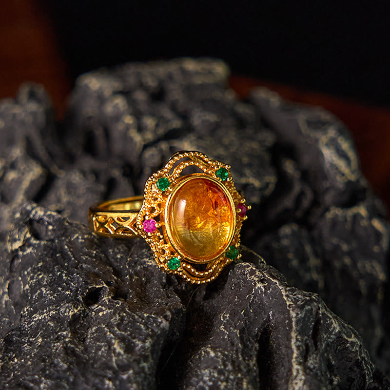 Adjustable Flower Amber Ring for Confidence and Inner Strength