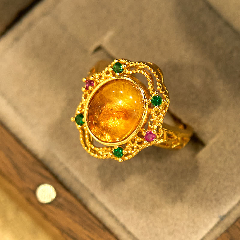 Adjustable Flower Amber Ring for Confidence and Inner Strength