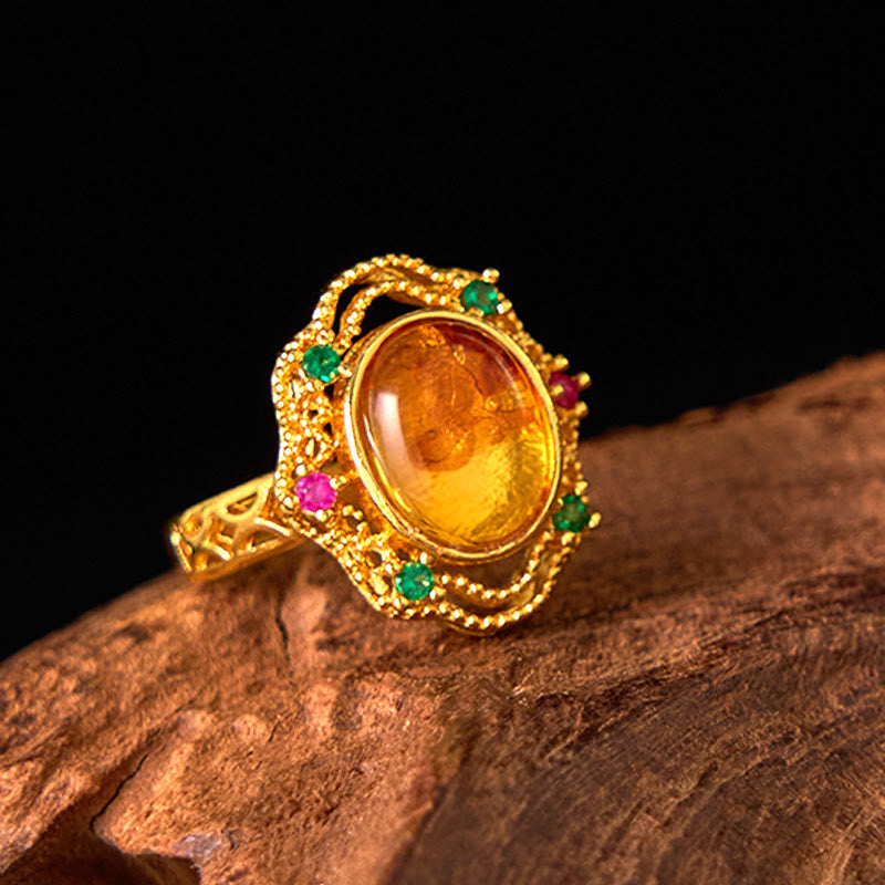 Adjustable Flower Amber Ring for Confidence and Inner Strength
