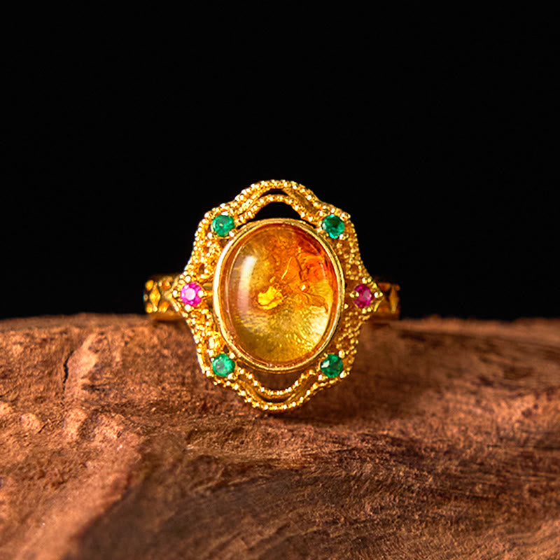 Adjustable Flower Amber Ring for Confidence and Inner Strength