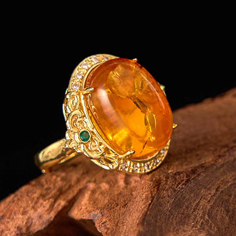 Amber Flower Pigeon Egg Pattern Focus Spiritual Ring