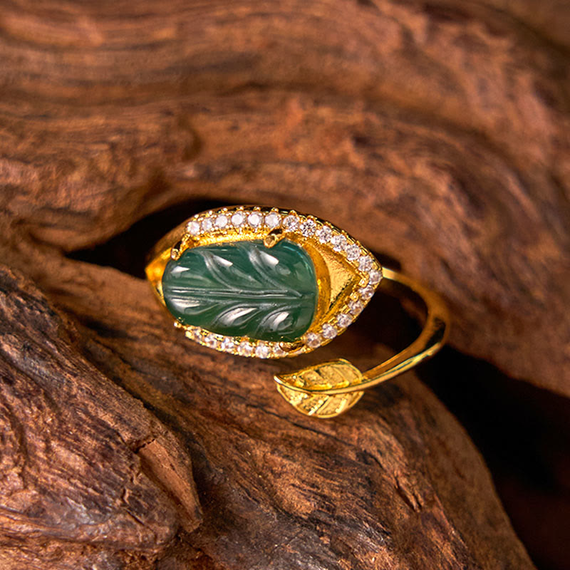Adjustable Copper Gold Jade Leaf Ring for Prosperity