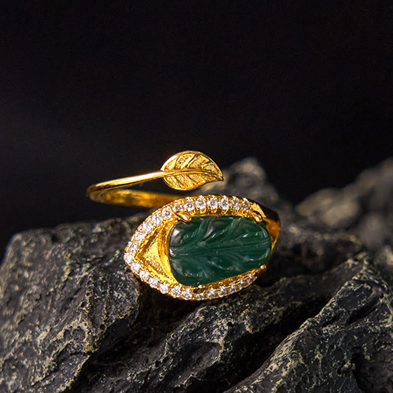 Adjustable Copper Gold Jade Leaf Ring for Prosperity