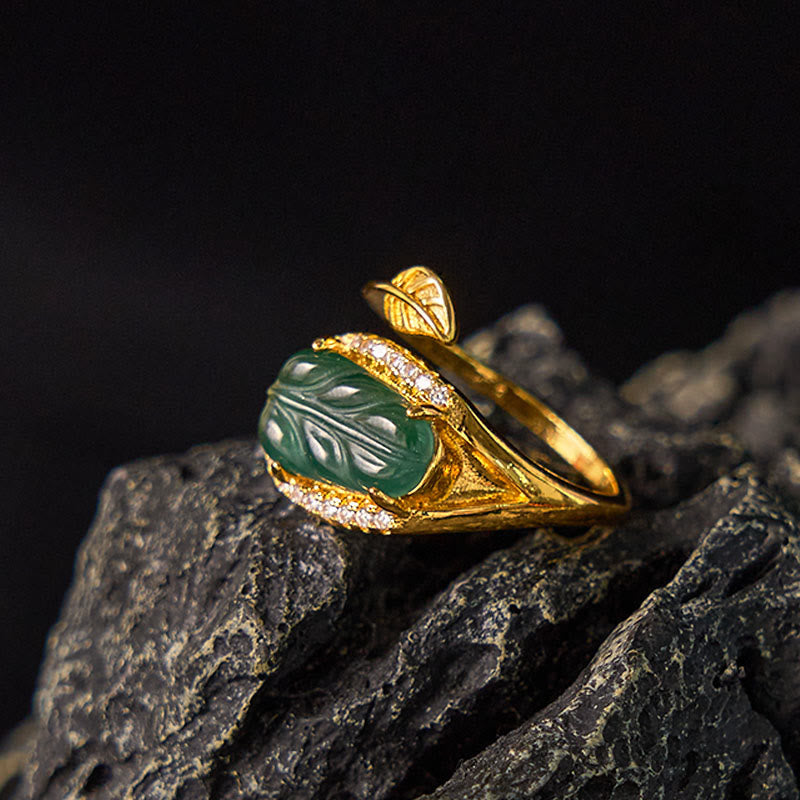 Adjustable Copper Gold Jade Leaf Ring for Prosperity