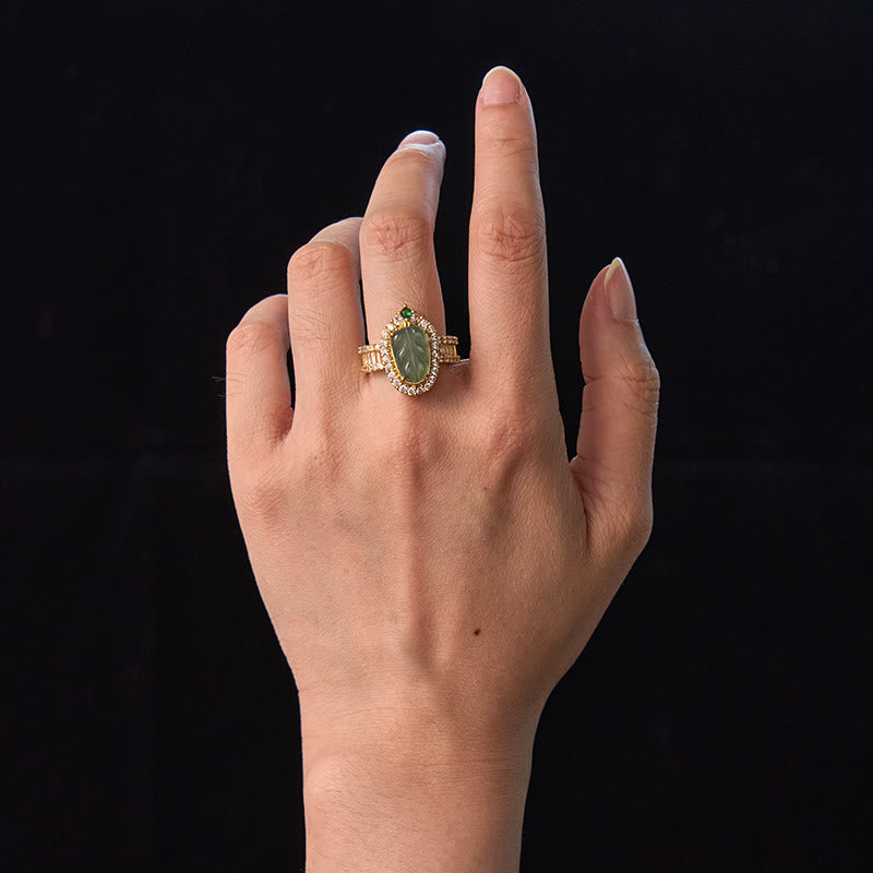 Adjustable Jade Leaf Ring Copper Gold Plated with Lucky Diamonds