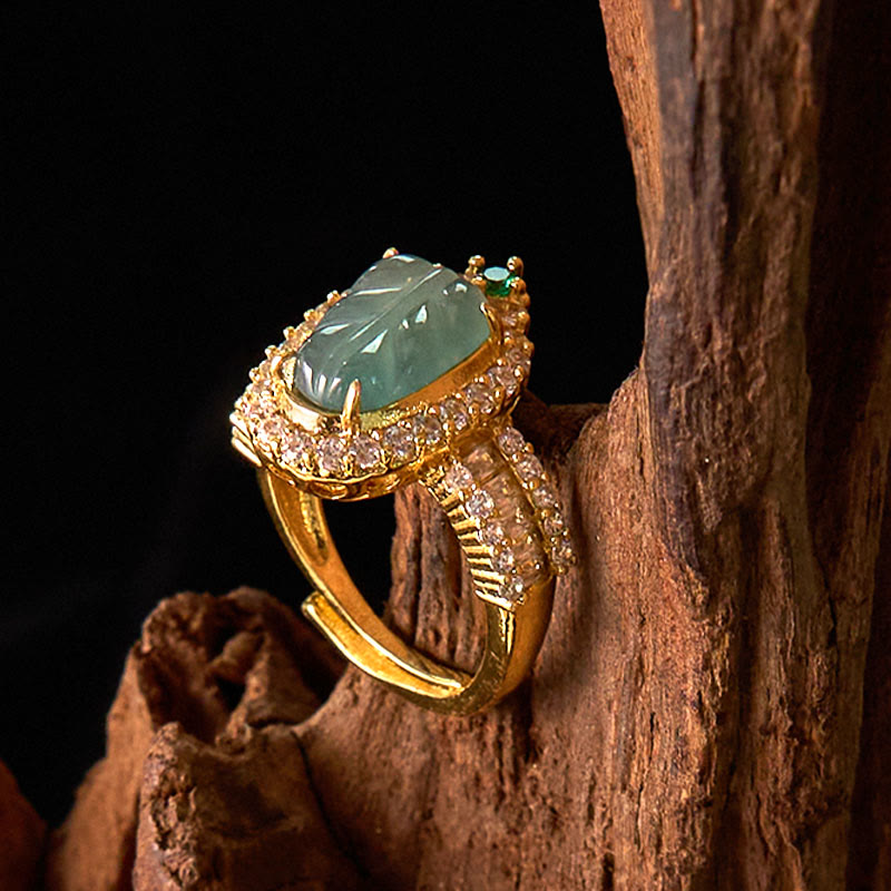 Adjustable Jade Leaf Ring Copper Gold Plated with Lucky Diamonds