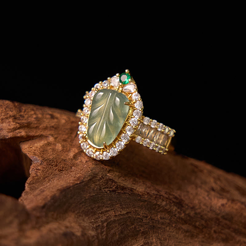 Adjustable Jade Leaf Ring Copper Gold Plated with Lucky Diamonds