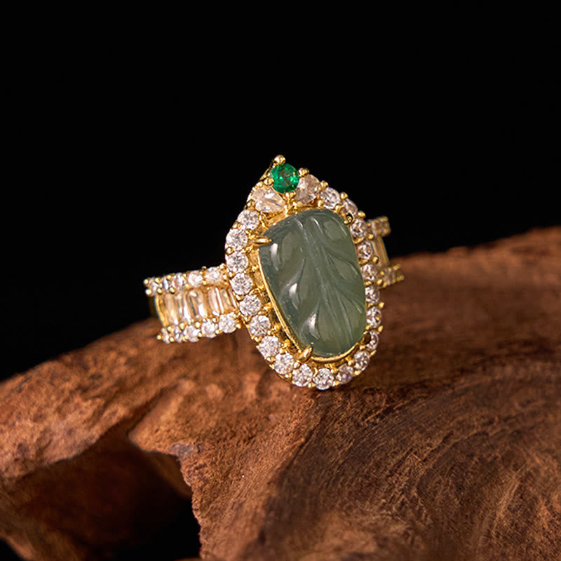 Adjustable Jade Leaf Ring Copper Gold Plated with Lucky Diamonds