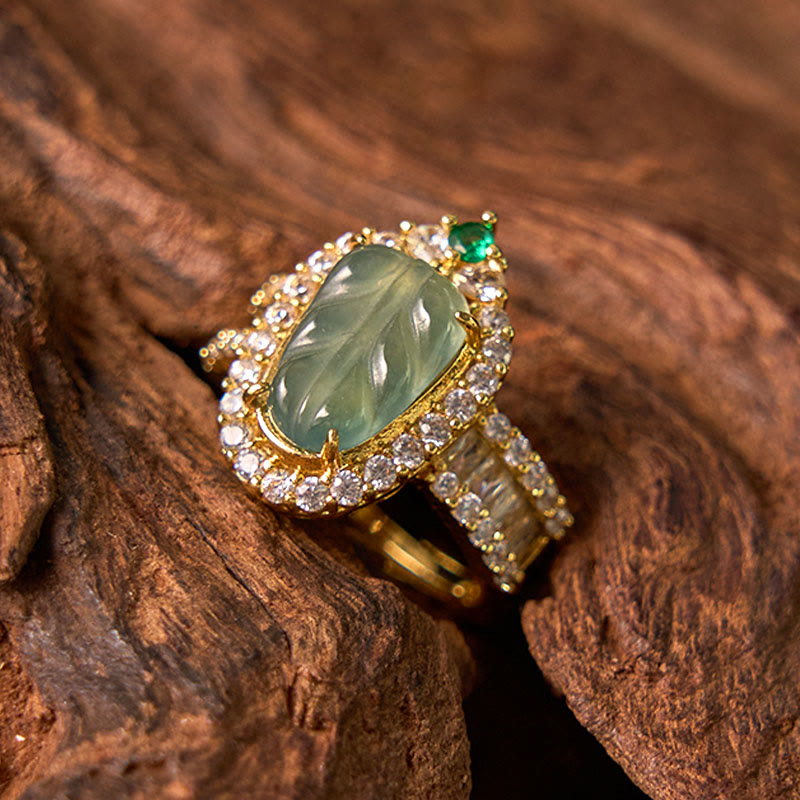 Adjustable Jade Leaf Ring Copper Gold Plated with Lucky Diamonds