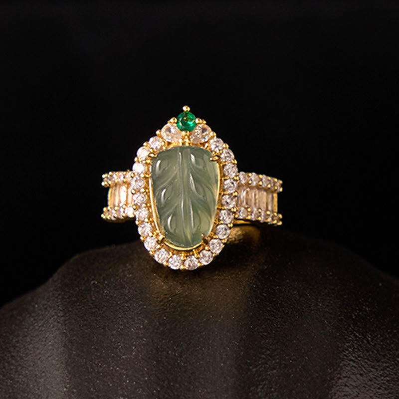 Adjustable Jade Leaf Ring Copper Gold Plated with Lucky Diamonds
