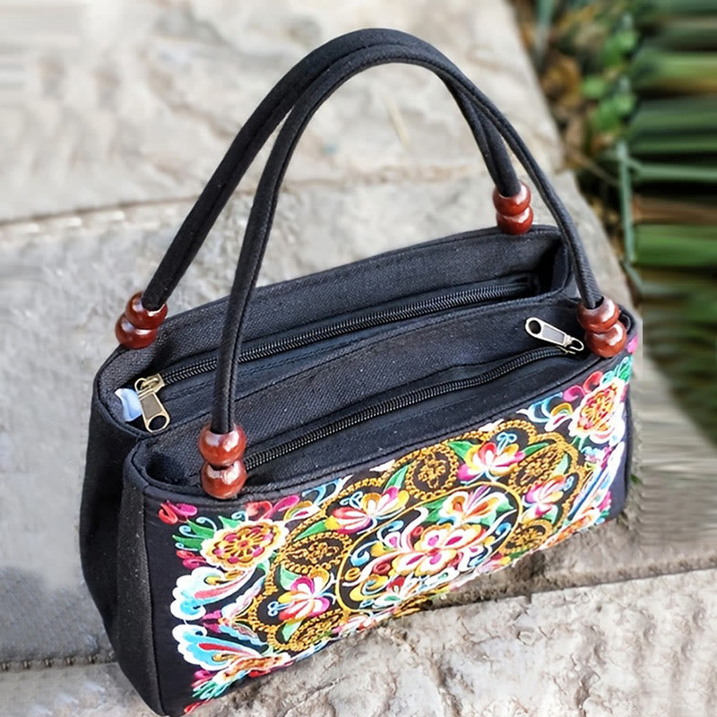 Peony Peacock Canvas Yoga Bag with Double-Sided Embroidery