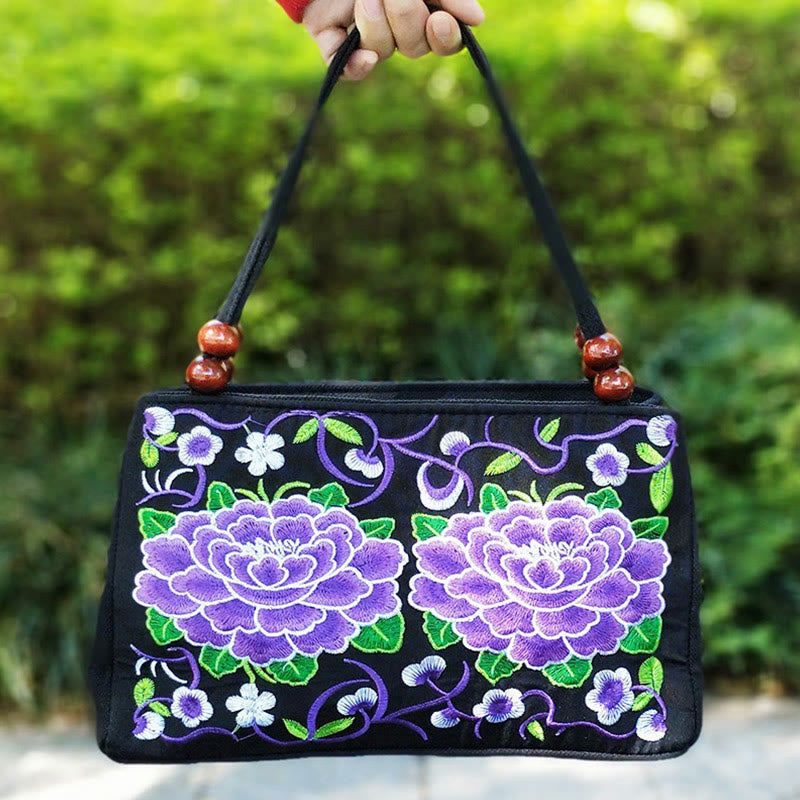 Peony Peacock Canvas Yoga Bag with Double-Sided Embroidery