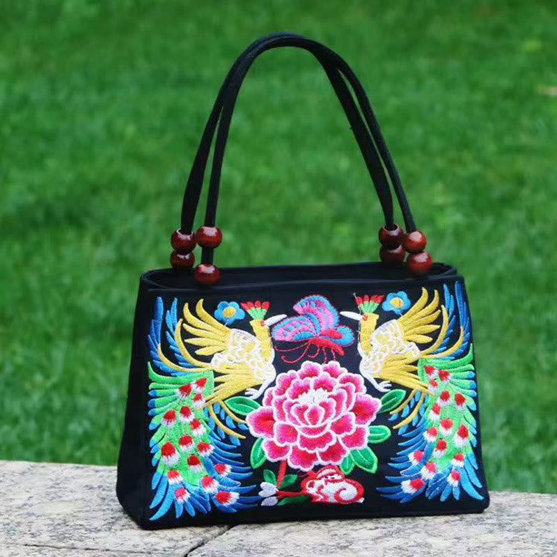 Peony Peacock Canvas Yoga Bag with Double-Sided Embroidery