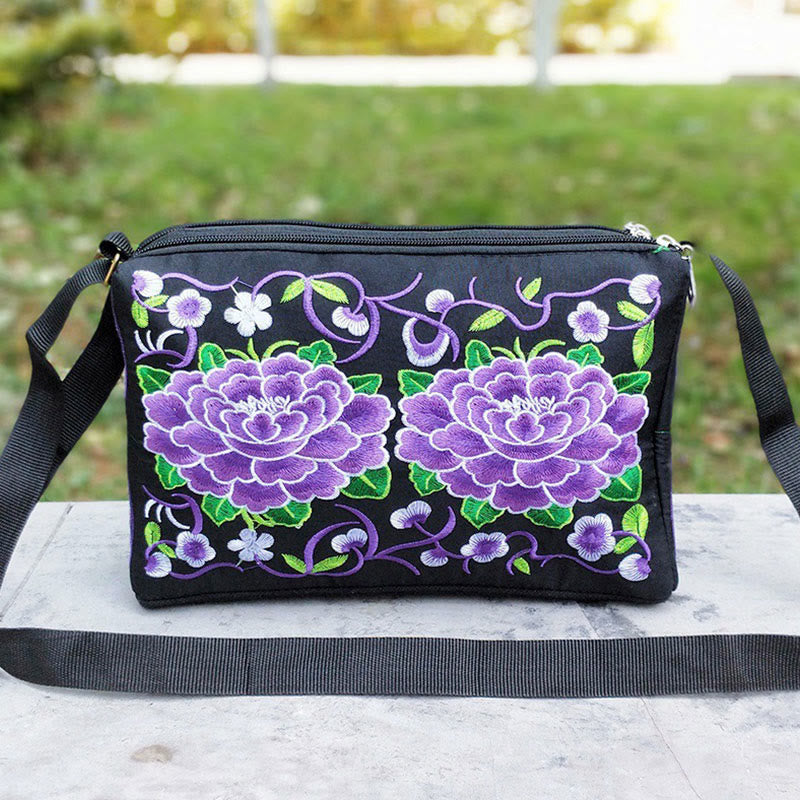 Embroidered Canvas Crossbody Bag with Peony and Peacock Motifs