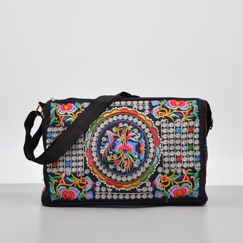 Embroidered Canvas Crossbody Bag with Peony and Peacock Motifs